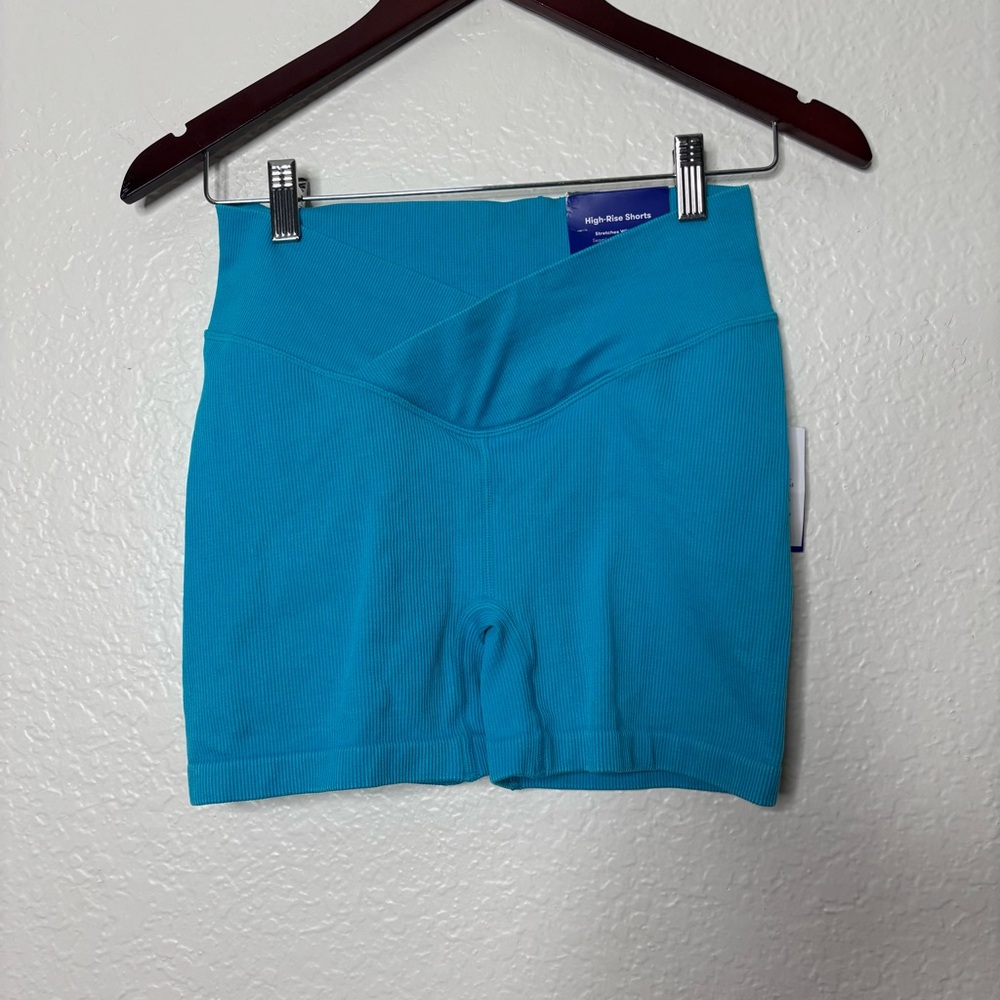 NWT Joylab Cross Waist High Rise Ribbed Biker Shorts Blue Wave Size Medium - Picture 2 of 5